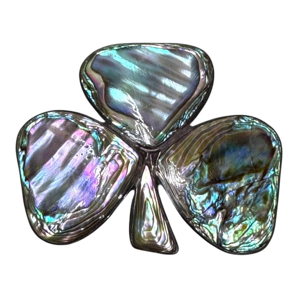 Vintage Clover Shaped Abalone & Sterling Silver 925 Brooch Pin Good Luck Irish